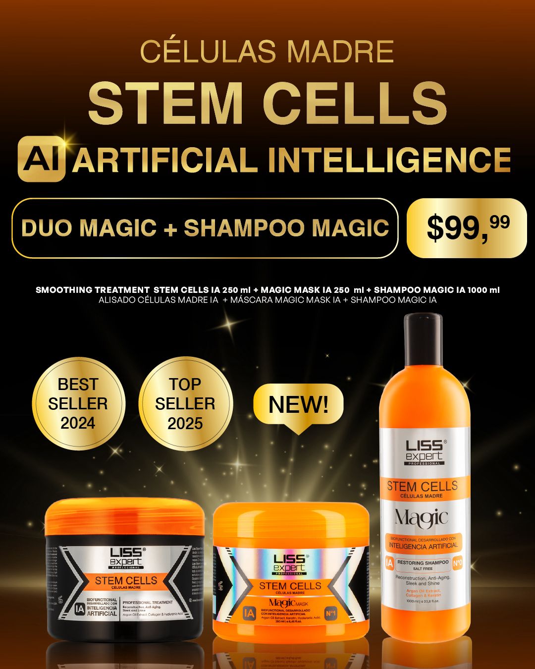 Liss Expert stem cells 8onz + magic mask 8onz + shampoo magic 33onz ( Duo magic + sh)