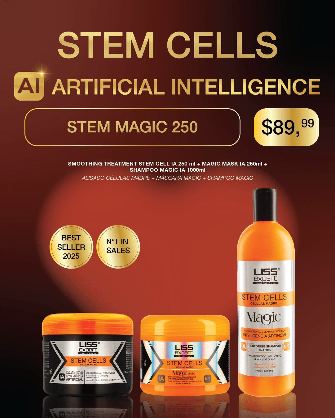 Liss Expert Stem cells 8onz + Magic Mask 8onz + Shampoo Magic 33oz (Stem Magic 250)