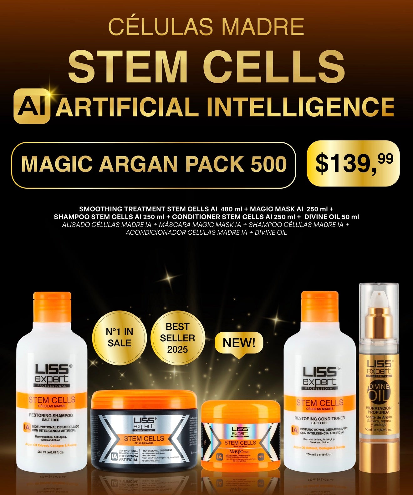 Liss Expert stem cells 16onz + magic mask 8onz + shampoo + conditioner + argan oil ( MAP 500 )