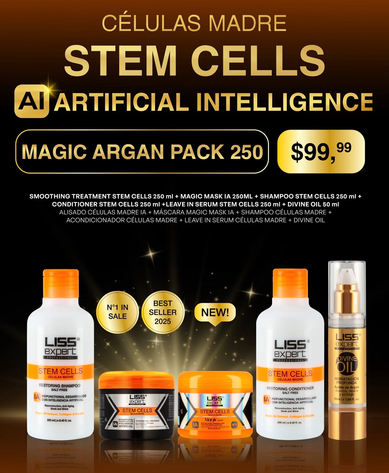 Liss Expert stem cells 8 onz + magic mask 8onz + shampoo + conditioner + argan oil (MAP250)