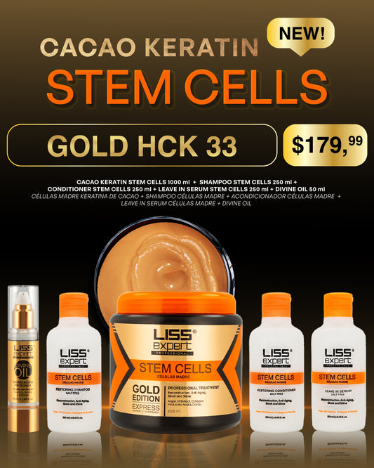 Liss Expert stem cells gold 33.0n + shampoo 8onz + conditioner 8 onz +argan (GOLD HCK 33)