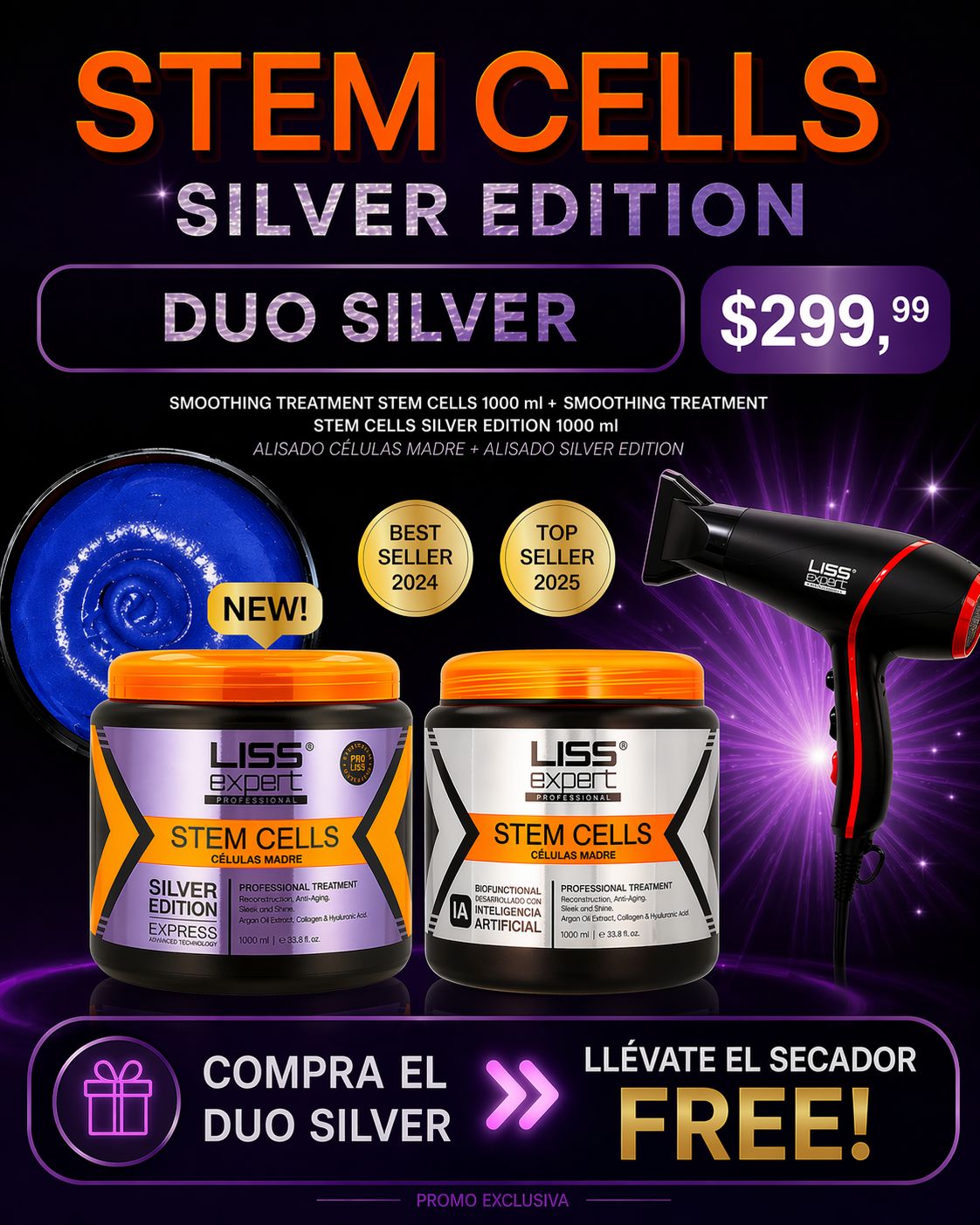Stem cells 33oz + Stem Silver 33oz + Secador free (DÚO SILVER PROMO)