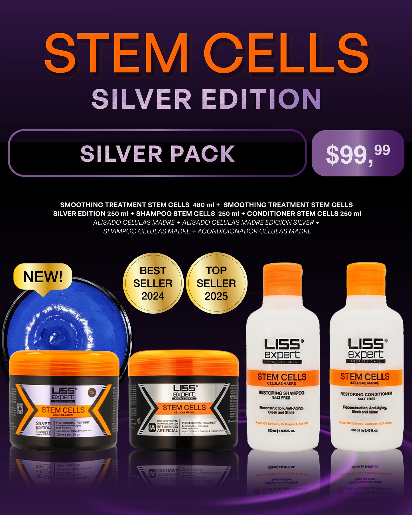 Liss Expert Stem cells 8onz + Stem cells silver 8onz + shampoo + conditioner 8onz ( Silver pack)