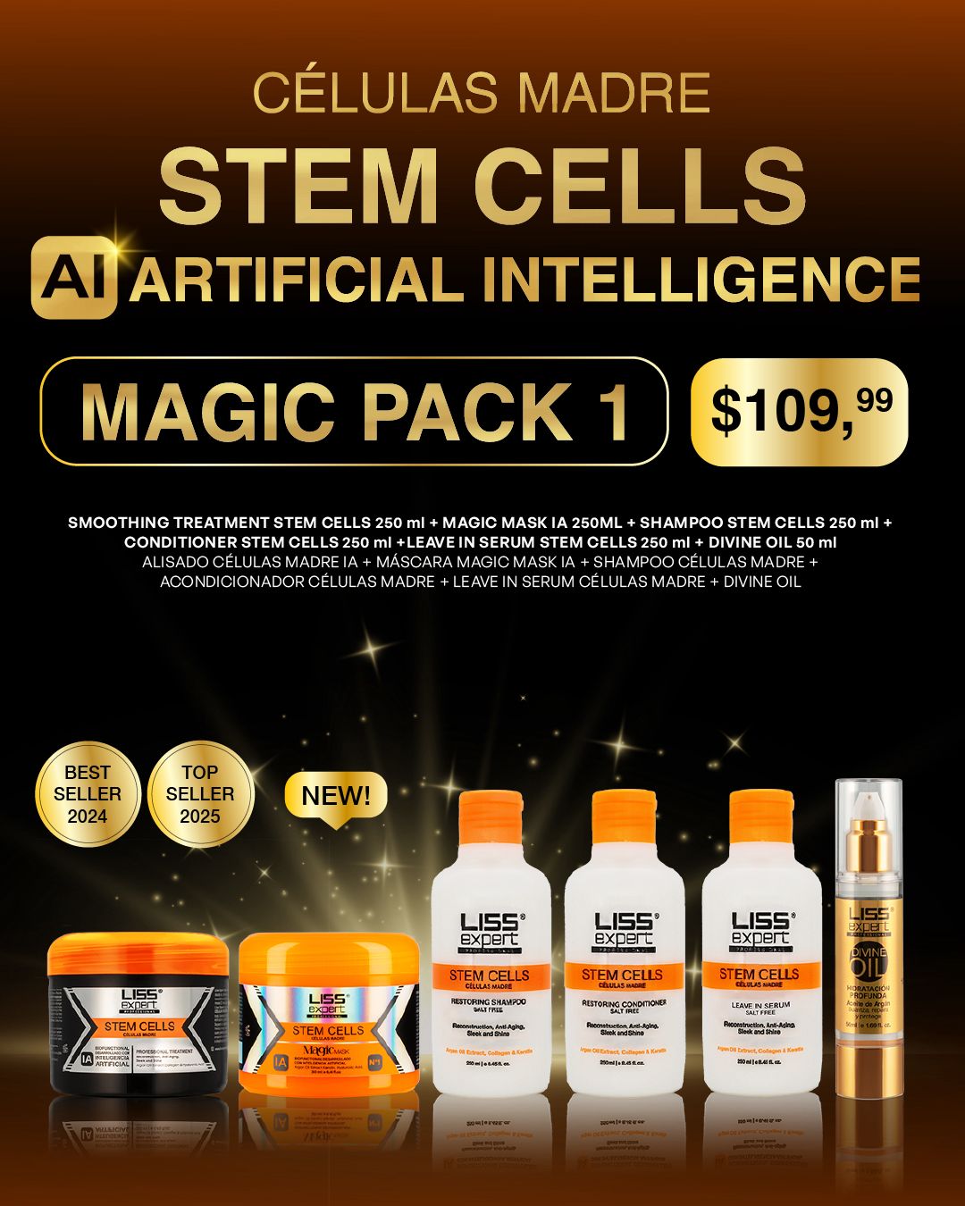 LISS EXPERT STEM CELLS Smoothing Treatment 8.45 oz + Sh. + Cond. + Argan+ Leave in + Magic Mask (MPK1)