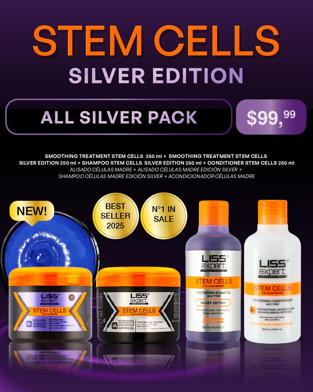 Liss Expert Stem cells 8.45 onz + stem cells silver 8.45 + sh silver and conditioner (All Silver Pack)